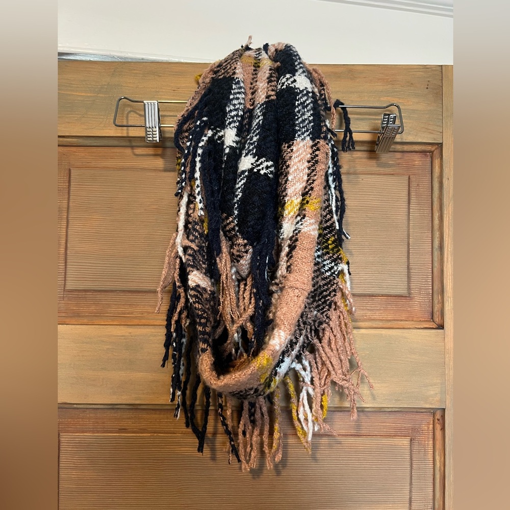 Plaid Fringe Infinity Scarf in Navy, White, Pink, and Yellow